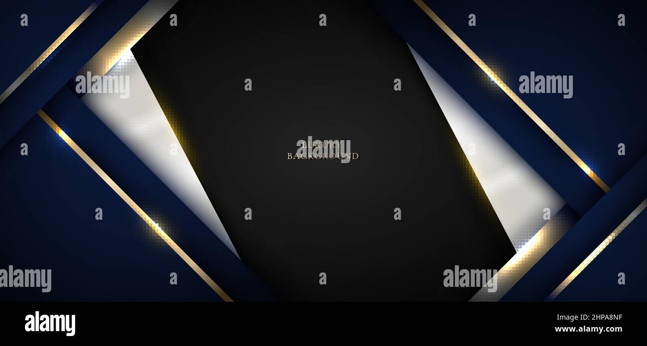 Abstract 3D blue and golden stripes triangles shapes with shiny gold ...