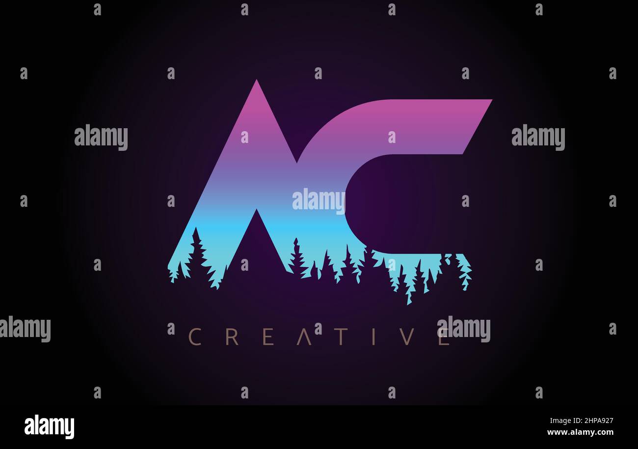 AC Letters Logo Design with Purple Blue Colors and Pine Forest Trees ...
