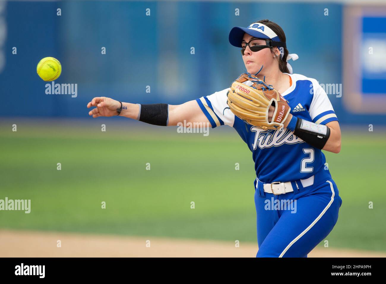 Tulsa Hurricanes infielder Abby Jones (2) throws to first for an out against UAB during the McNeese State Softball Tournament, Saturday, Feb. 12, 2022 Stock Photo