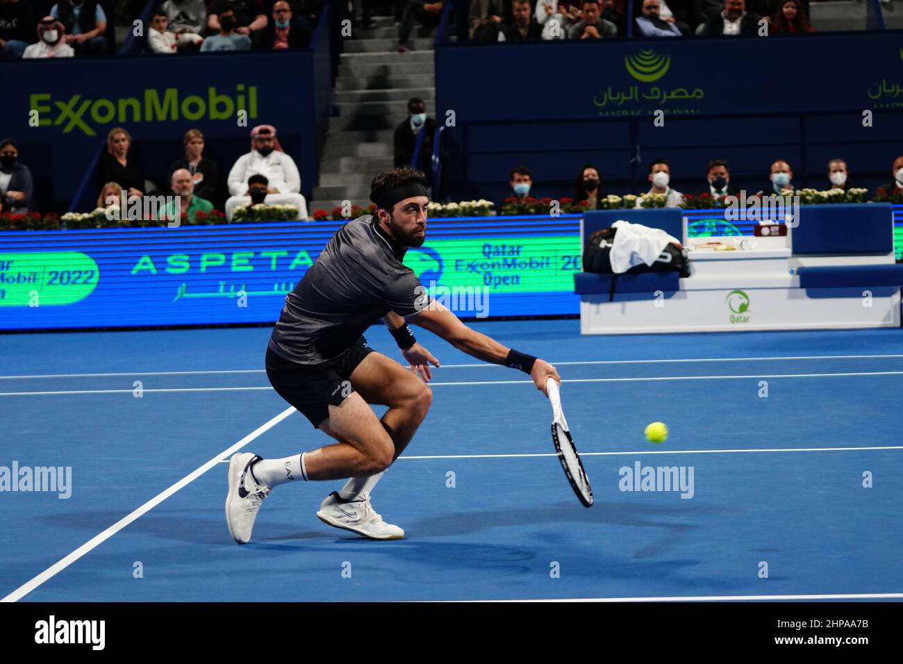 Qatar ExxonMobil Open 2022 final between Nikoloz Basilashvili of Georgia and Roberto Bautista Agut of Spain.  Roberto Bautista Agut took home the trophy with a 6-3, 6-4 win. Stock Photo