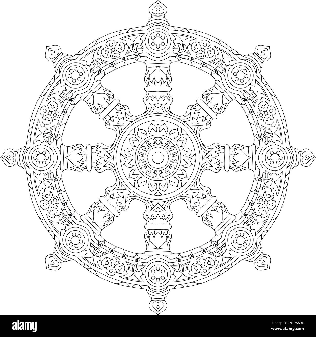 Dharma Wheel, Dharmachakra. Symbol of Buddha s teachings on the path to enlightenment, liberation from the karmic. For coloring Stock Vector