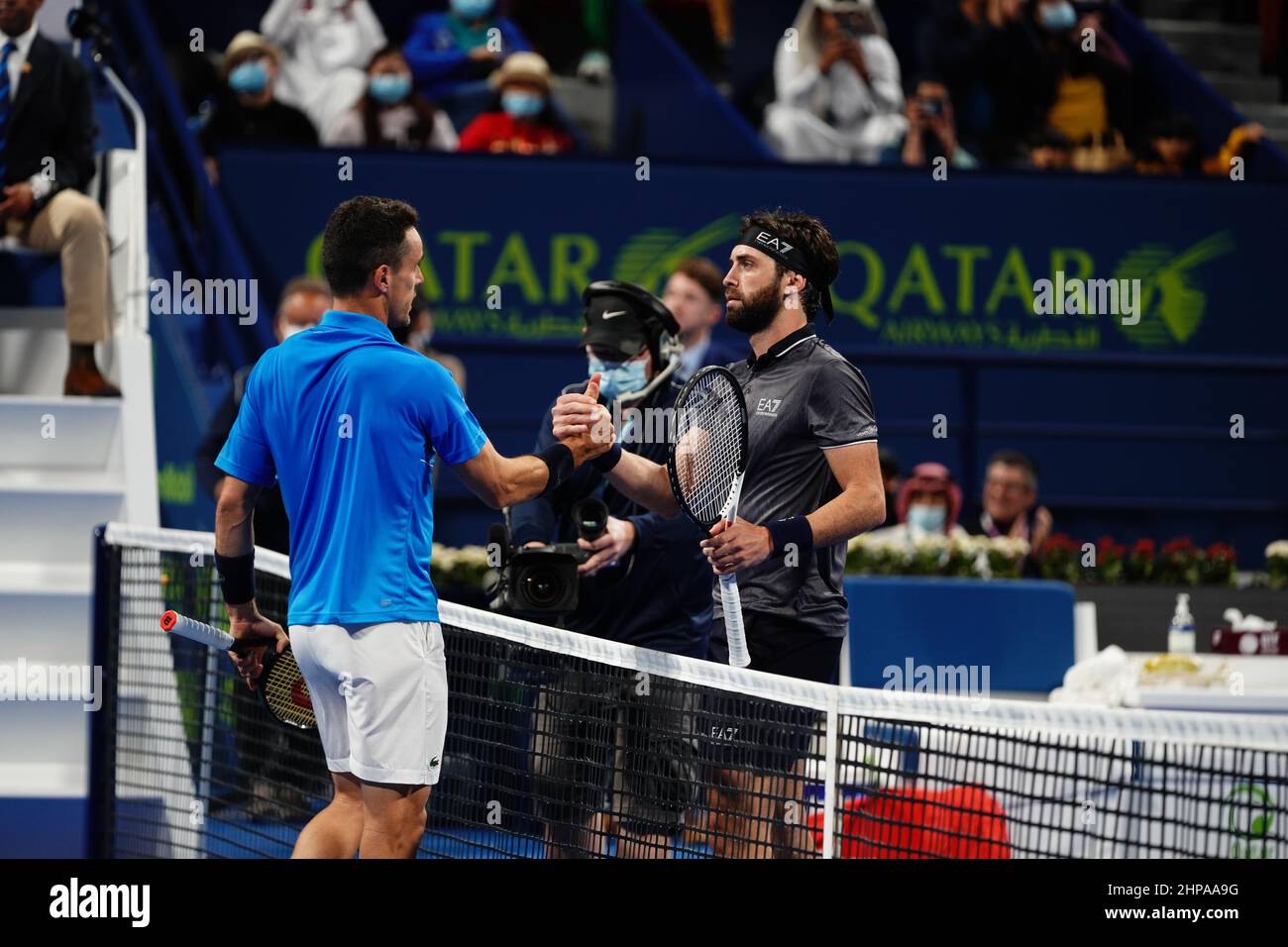 Qatar ExxonMobil Open 2022 final between Nikoloz Basilashvili of Georgia and Roberto Bautista Agut of Spain.  Roberto Bautista Agut took home the trophy with a 6-3, 6-4 win. Stock Photo