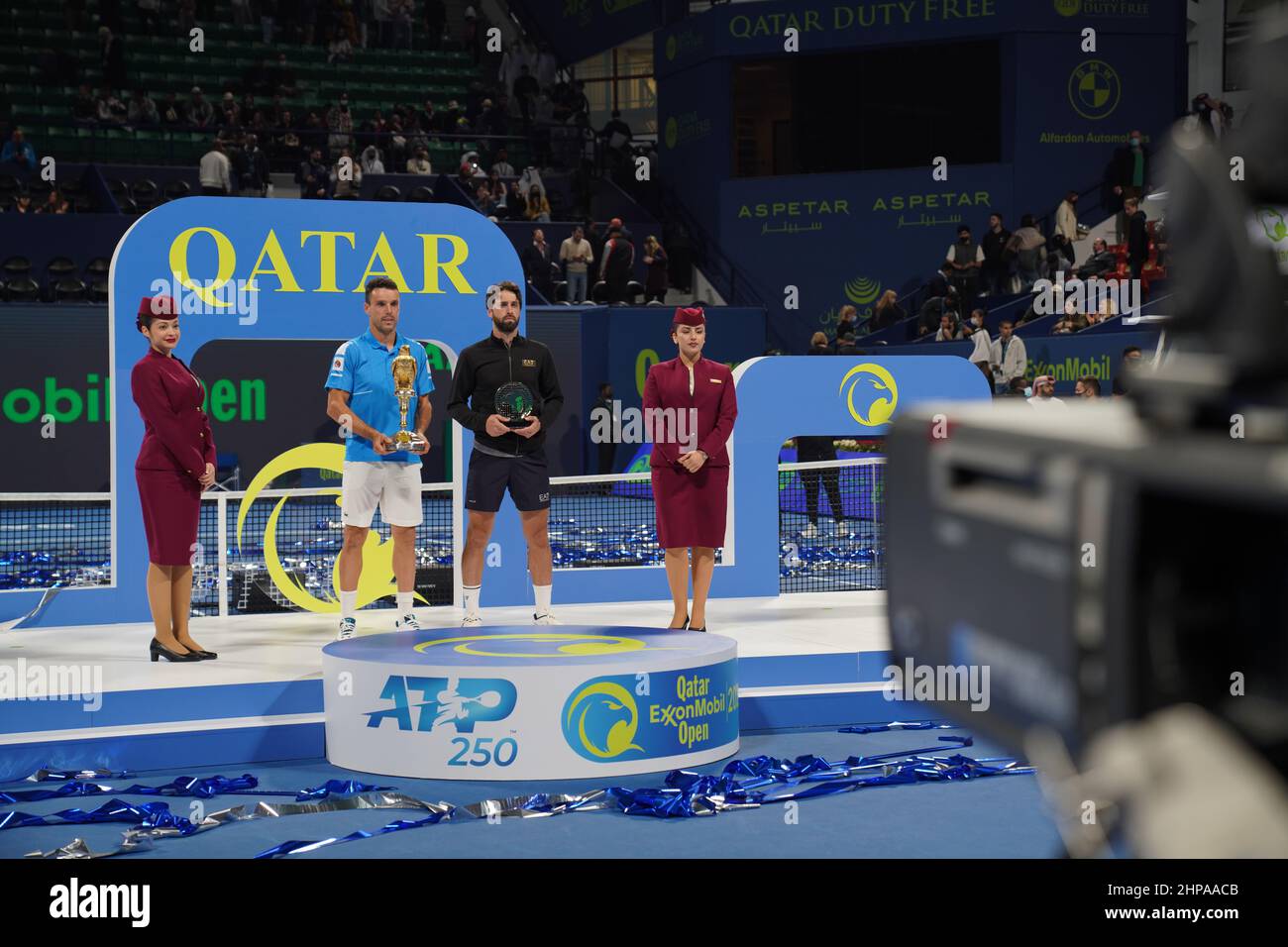 Qatar ExxonMobil Open 2022 final between Nikoloz Basilashvili of Georgia and Roberto Bautista Agut of Spain.  Roberto Bautista Agut took home the trophy with a 6-3, 6-4 win. Stock Photo