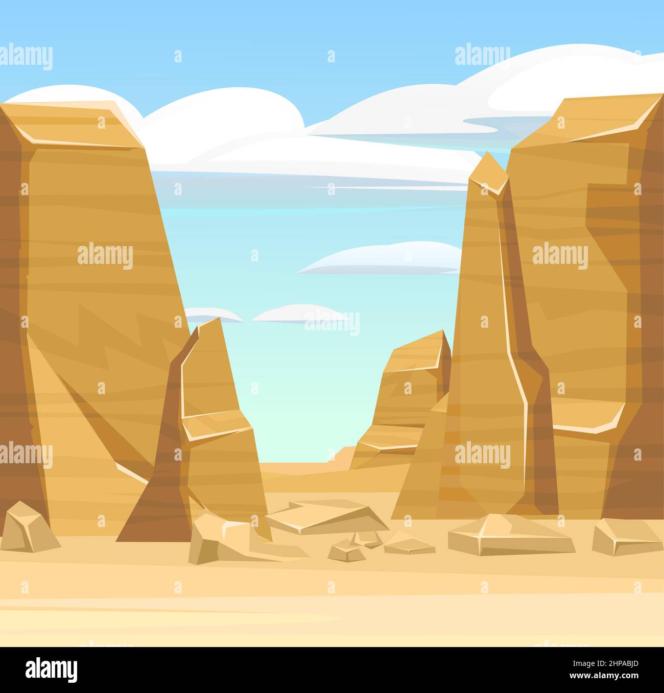 Rocky cliffs. Sandy desert. Desert natural landscape with stones. Illustration in cartoon style flat design. Vector. Stock Vector