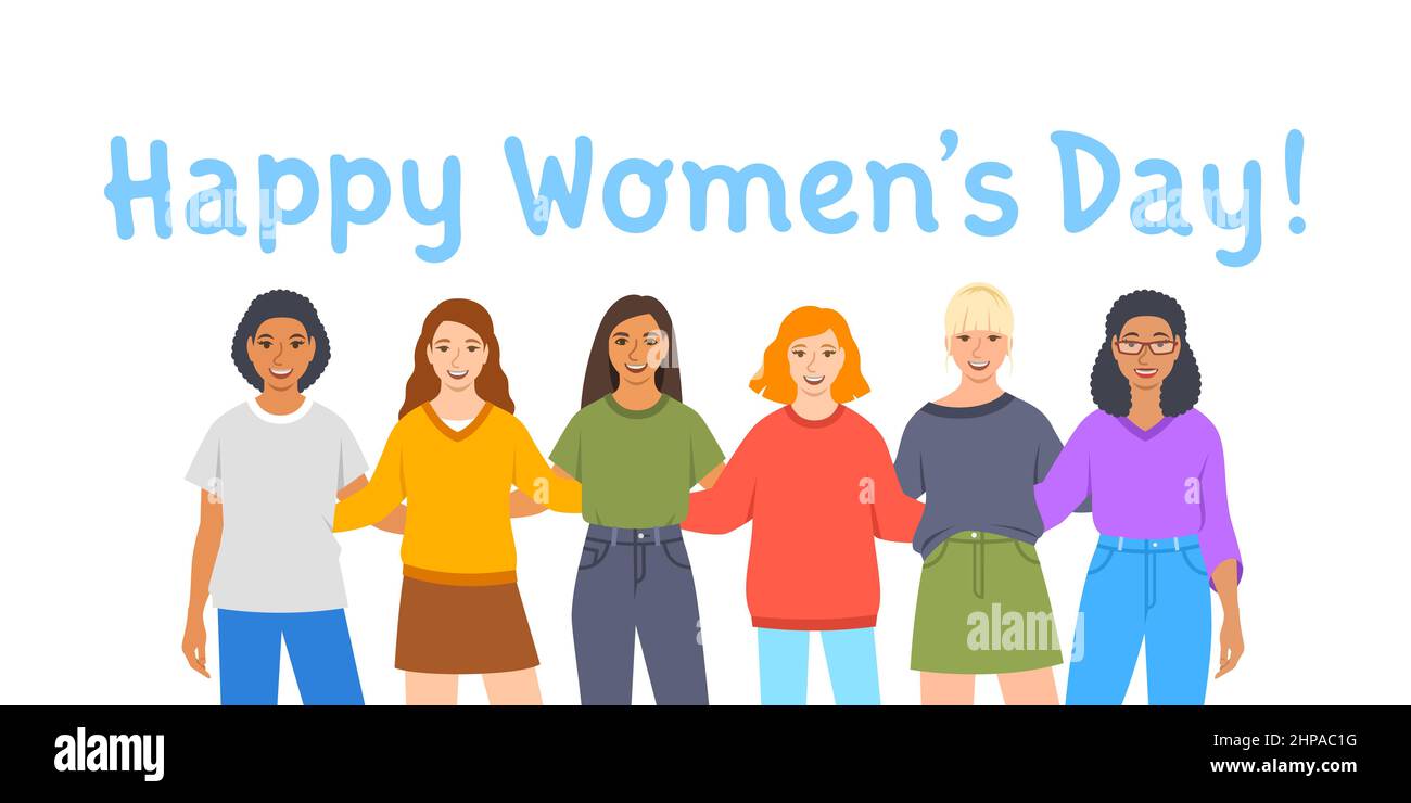 Happy Womens Day. Diverse women stand together hugging each other to celebrate International Womens Day. Flat cartoon vector illustration. Female soli Stock Vector