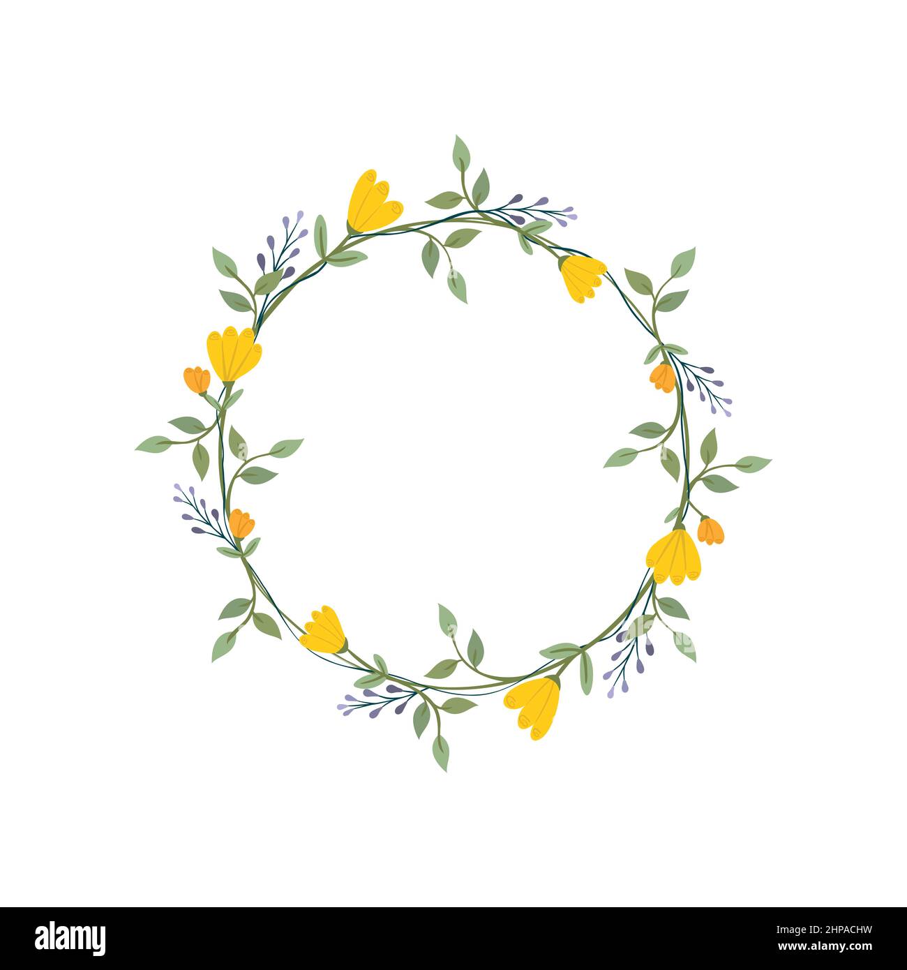 Daffodil and iris flower wreath. Green decorative ivy. Spring floral