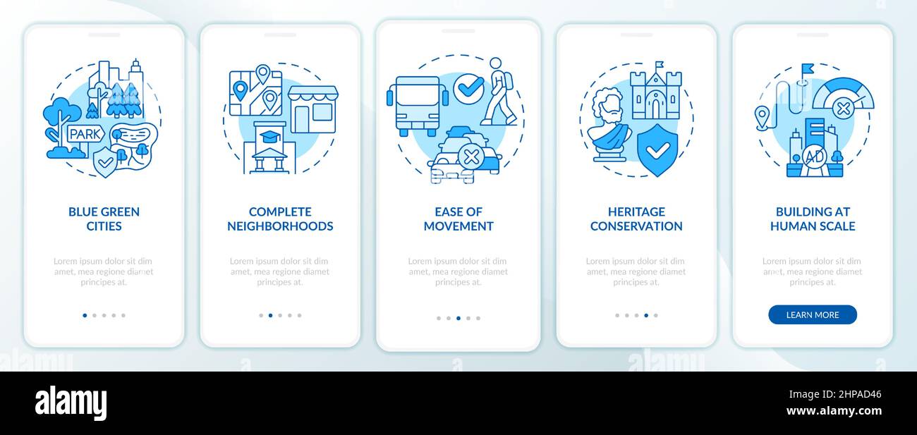 Urban design principles blue onboarding mobile app screen Stock Vector ...