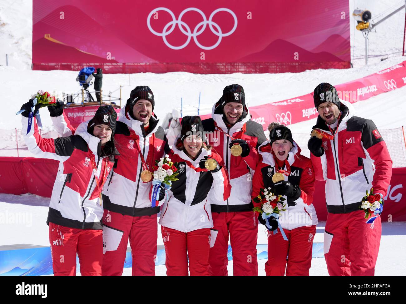 Beijing, China. 20th Feb, 2022. The Austria ski team celebrates taking the gold medal in the Mixed Team Parallel event at the Winter Olympics in Beijing on Sunday February 20, 2022. The team consisted of Katharina Huber, Katharina Liensberger, Katharina Truppe, Stefan Brennsteiner, Michael Matt and Johannes Strolz. Photo by Rick T. Wilking/UPI Credit: UPI/Alamy Live News Stock Photo