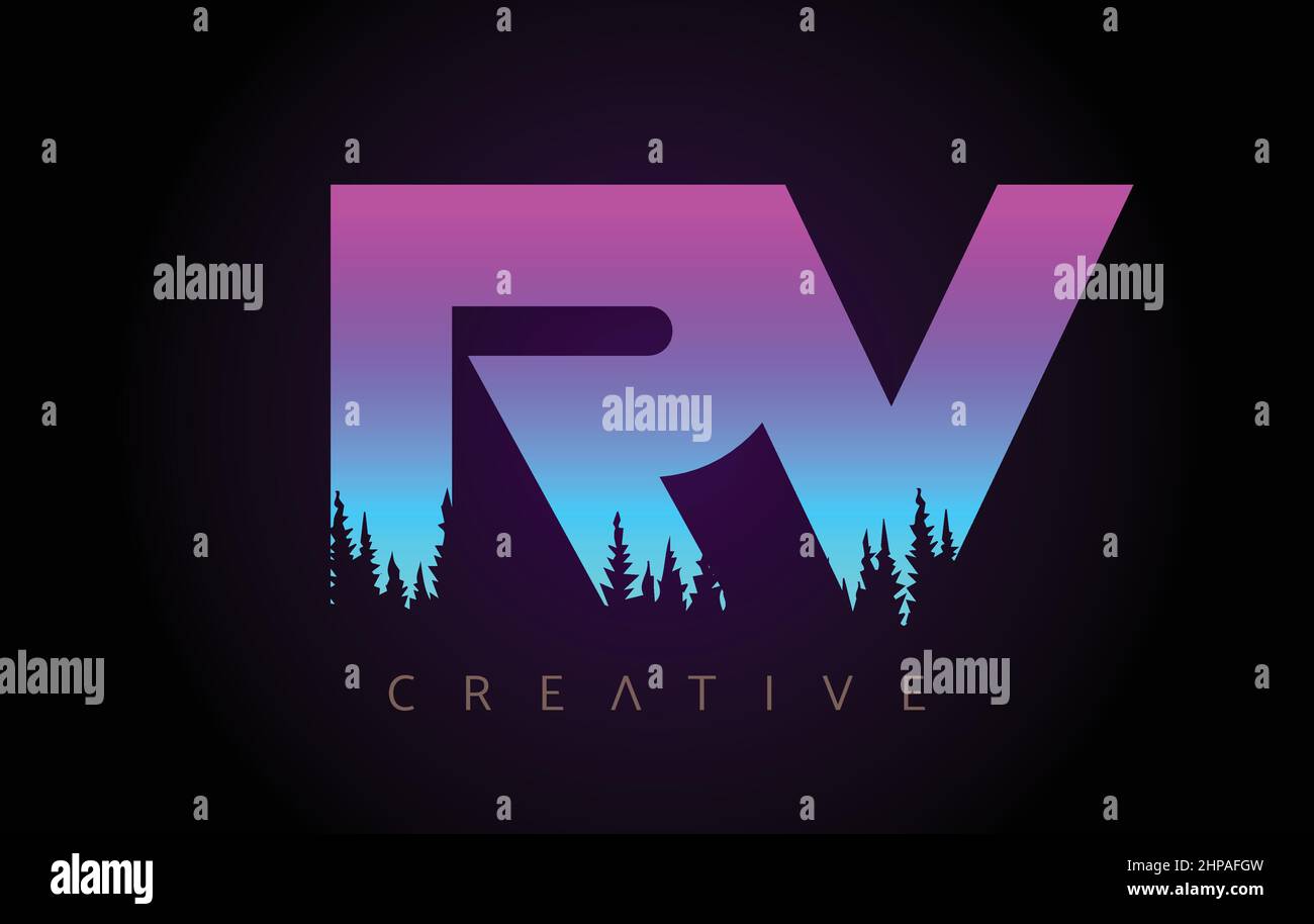 RV Letters Logo Design with Purple Blue Colors and Pine Forest Trees ...