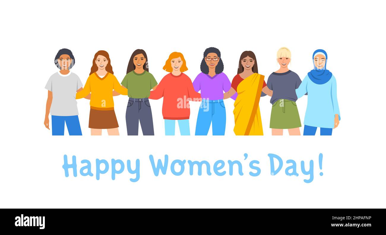 Happy Womens Day. Diverse women stand together hugging each other to celebrate International Womens Day all over the world. Flat cartoon vector illust Stock Vector