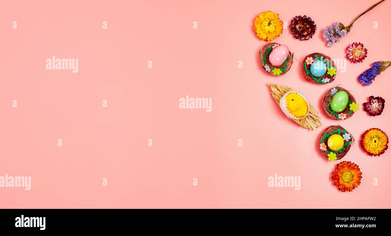Coloeful easter eggs in nest on pink color background with space ...