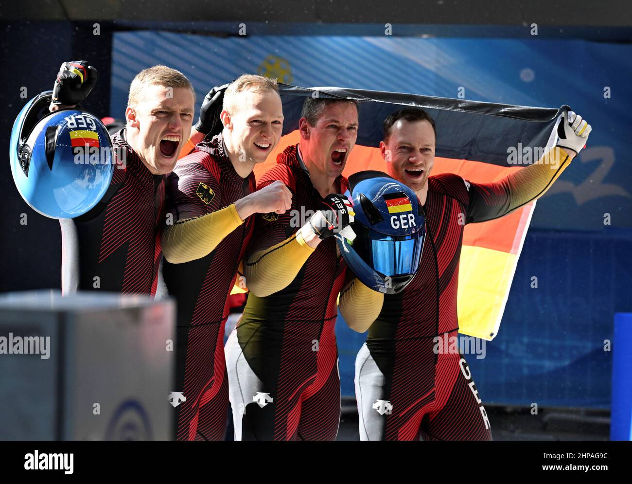 Beijing, China. 20th Feb, 2022. Francesco Friedrich/Thorsten Margis/Candy Bauer/Alexander Schueller of Germany celebrate after the bobsleigh 4-man heat of Beijing 2022 Winter Olympics at National Sliding Centre in Yanqing District, Beijing, capital of China, Feb. 20, 2022. Credit: He Changshan/Xinhua/Alamy Live News Stock Photo