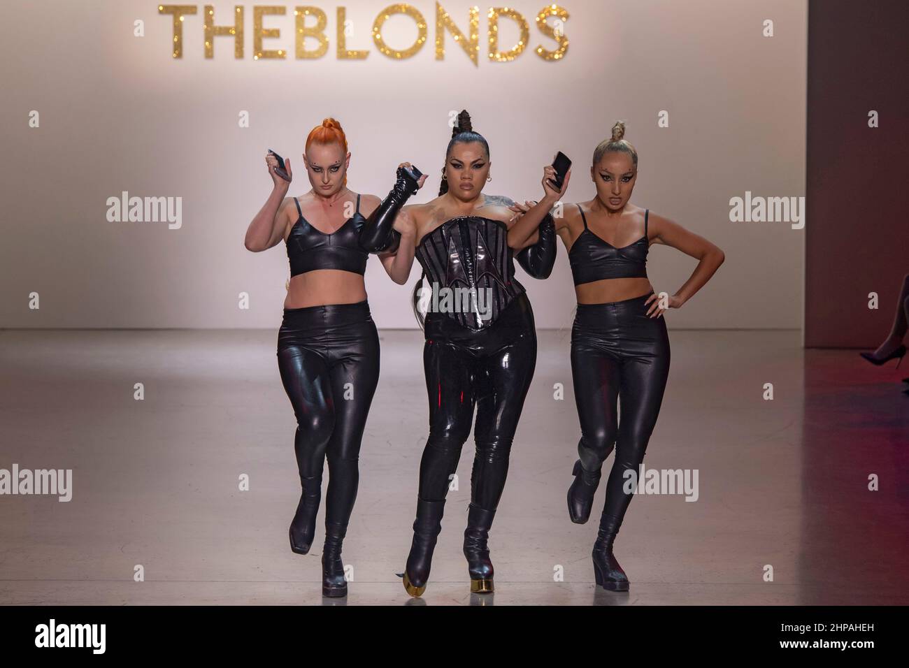 New York, United States. 16th Feb, 2022. Parris Goebel (C) and dancers perform on the runway for The Blonds during New York Fashion Week: The Shows at Spring Studios in New York City. Credit: SOPA Images Limited/Alamy Live News Stock Photo