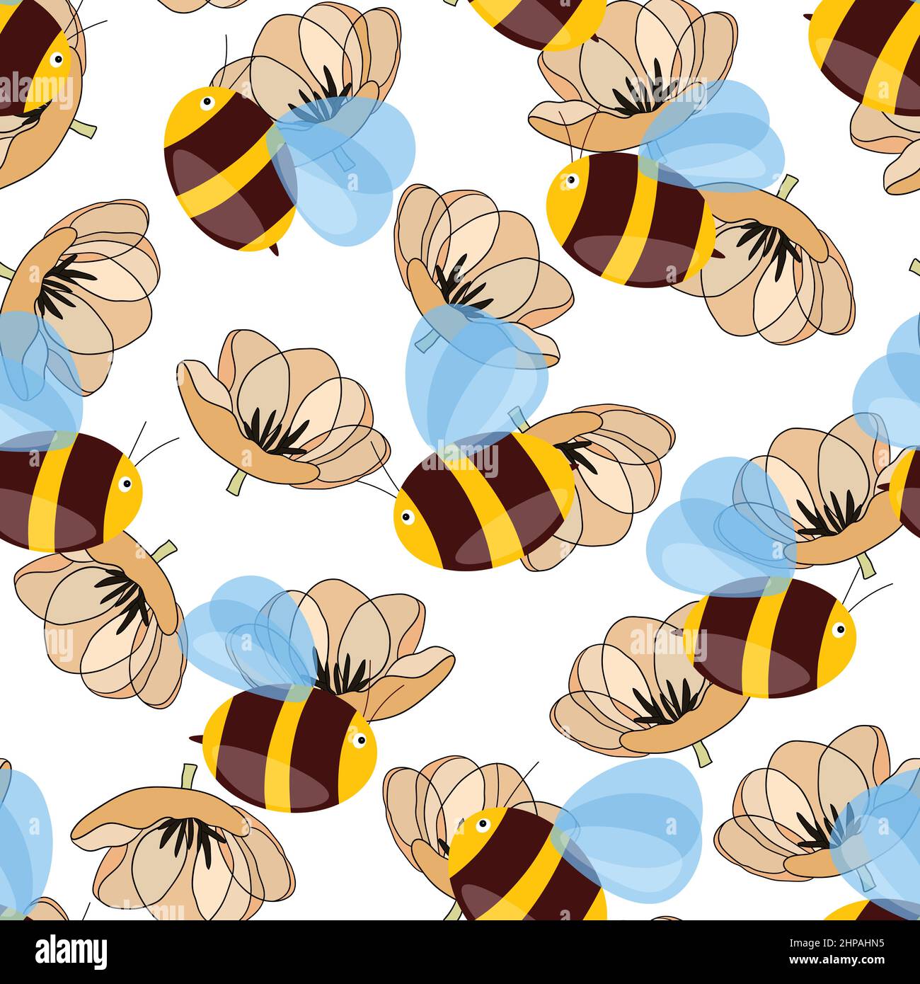 Seamless pattern with bees on floral background. Small wasp. Vector ...