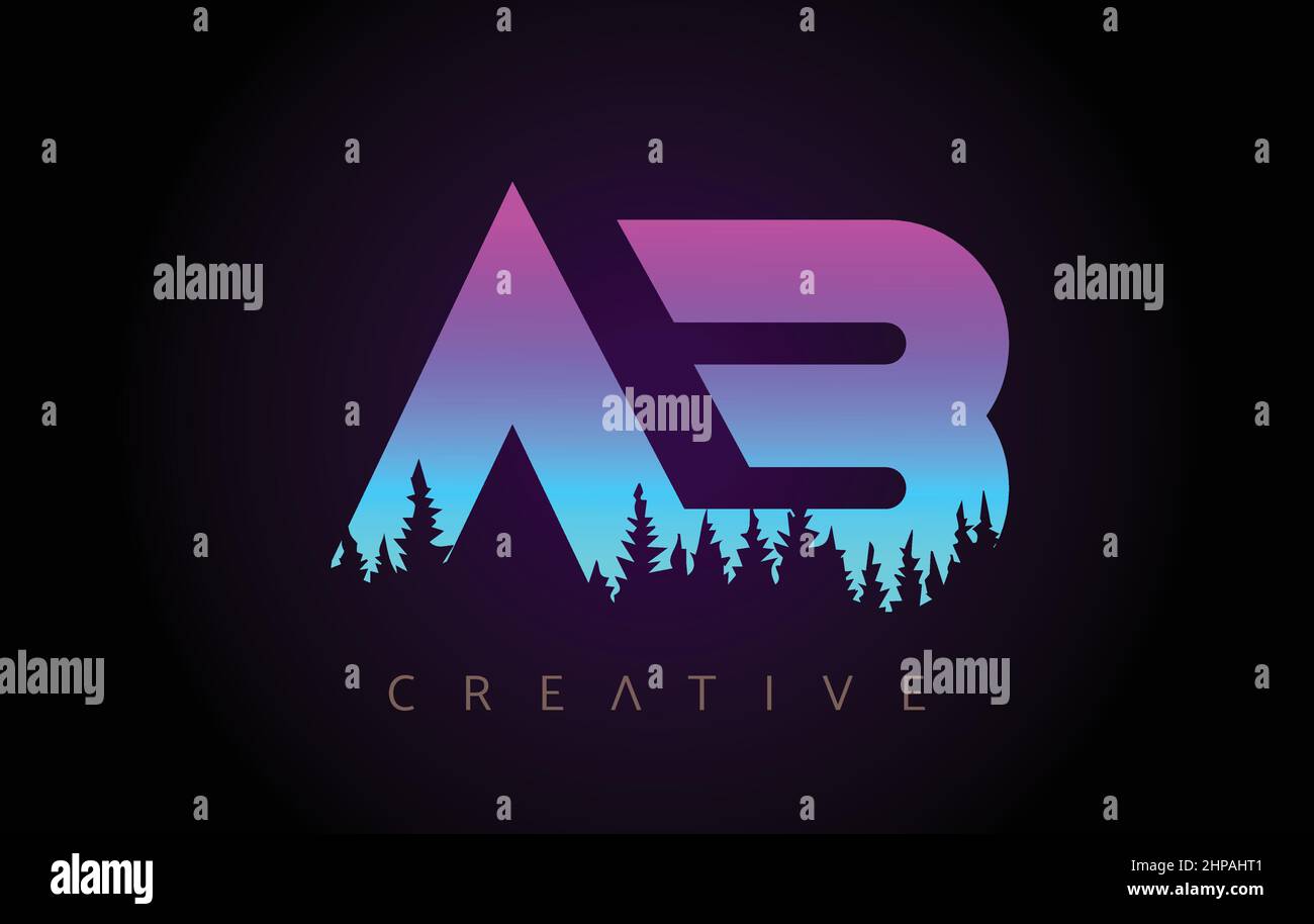 AB Letters Logo Design with Purple Blue Colors and Pine Forest Trees Concept Vector Icon. AB Trees Logo with Vibrant Gradient Colors Idea. Stock Vector