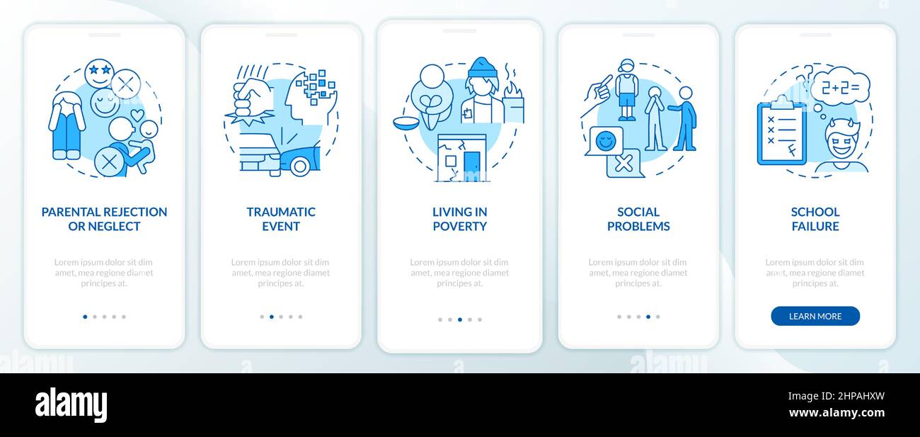 Conduct disorder risk factors blue onboarding mobile app screen Stock ...