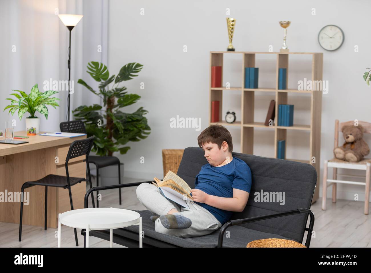A young boy is sitting at home on the sofa reading a book Stock Photo