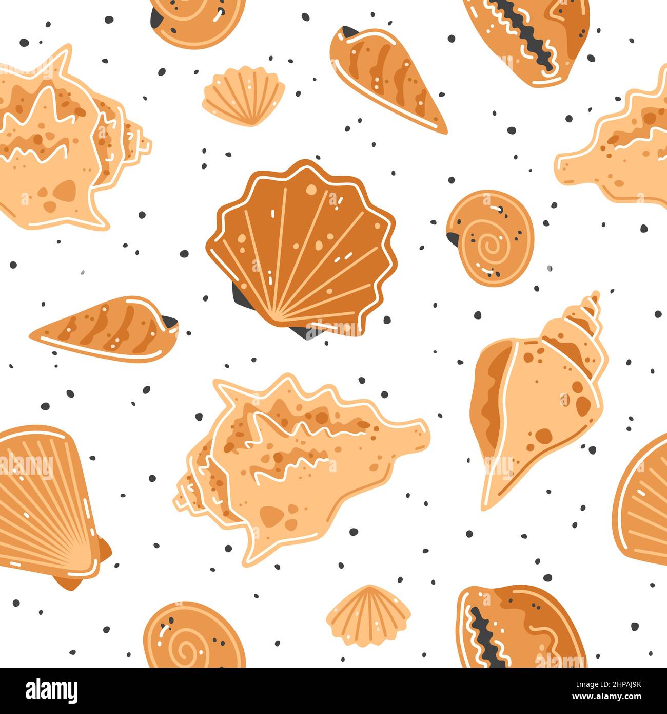 Seamless pattern with yellow seashells. Vector flat illustration Stock Vector