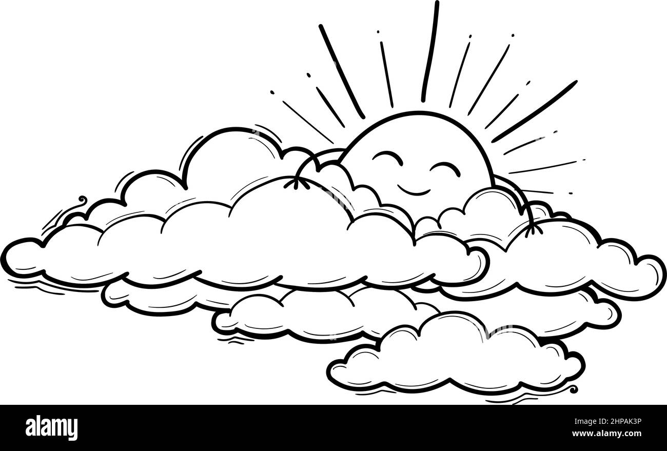 Sun and Cloud drawing in engraving outline style. Vector illustration isolated on white Stock Vector