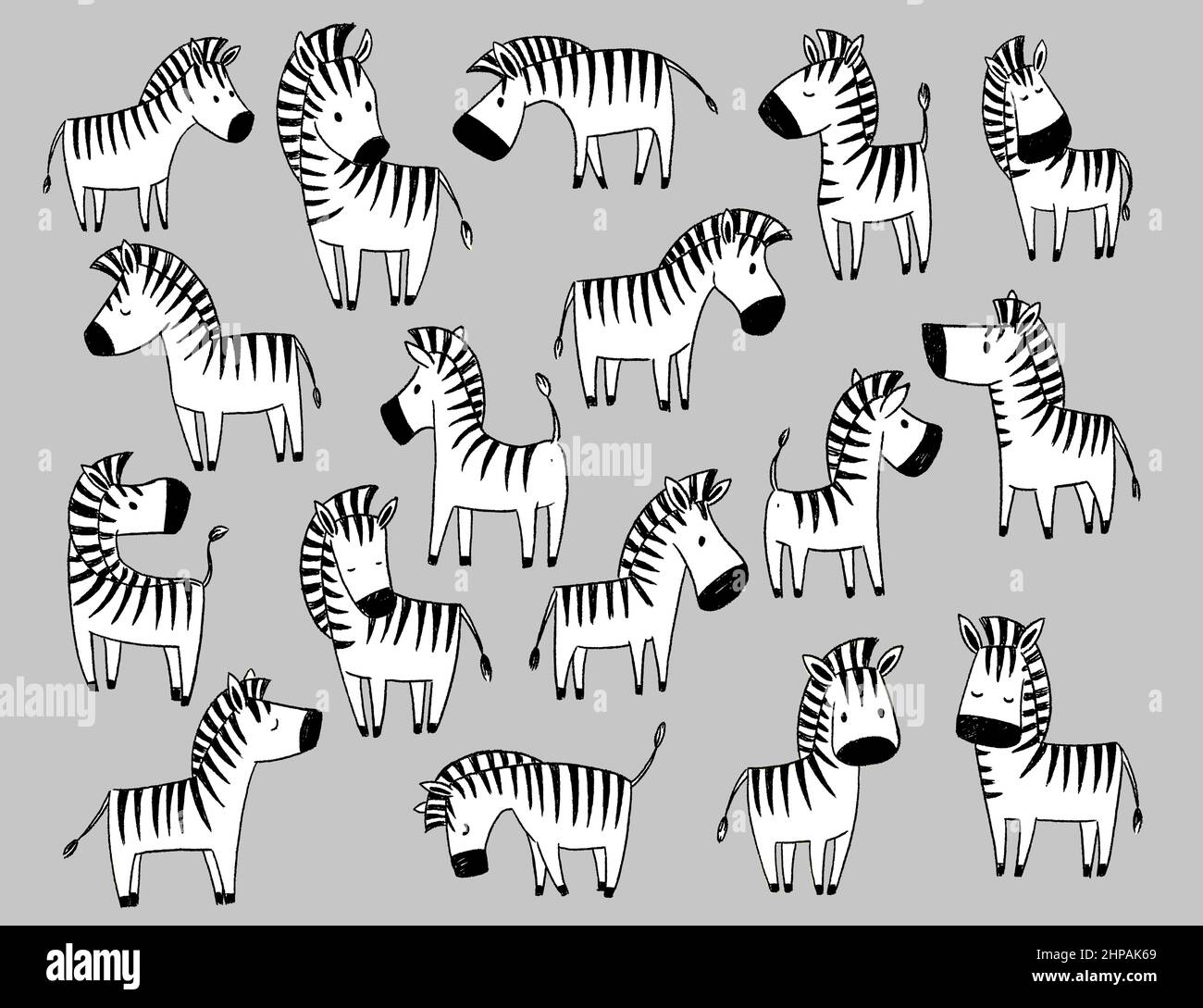 Funny animals. Herd of zebras in a doodle style. Black and white vector