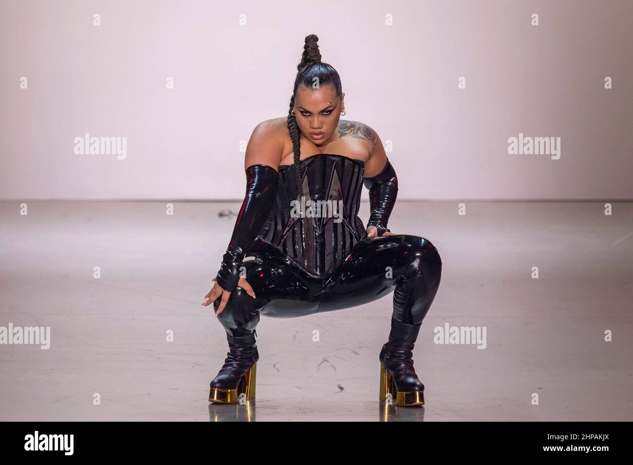 New York, United States. 16th Feb, 2022. Parris Goebel performs on the runway for The Blonds during New York Fashion Week: The Shows at Spring Studios in New York City. (Photo by Ron Adar/SOPA Images/Sipa USA) Credit: Sipa USA/Alamy Live News Stock Photo