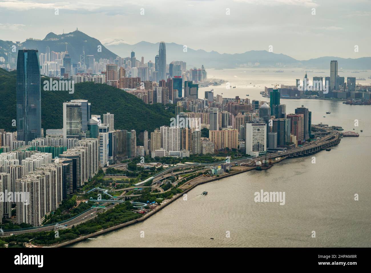 Aerial of Tai Koo Shing and North Point, with Central and The Peak, Hong Kong Island, at rear, and Tsim Sha Tsui across Victoria Harbour, 2008 Stock Photo
