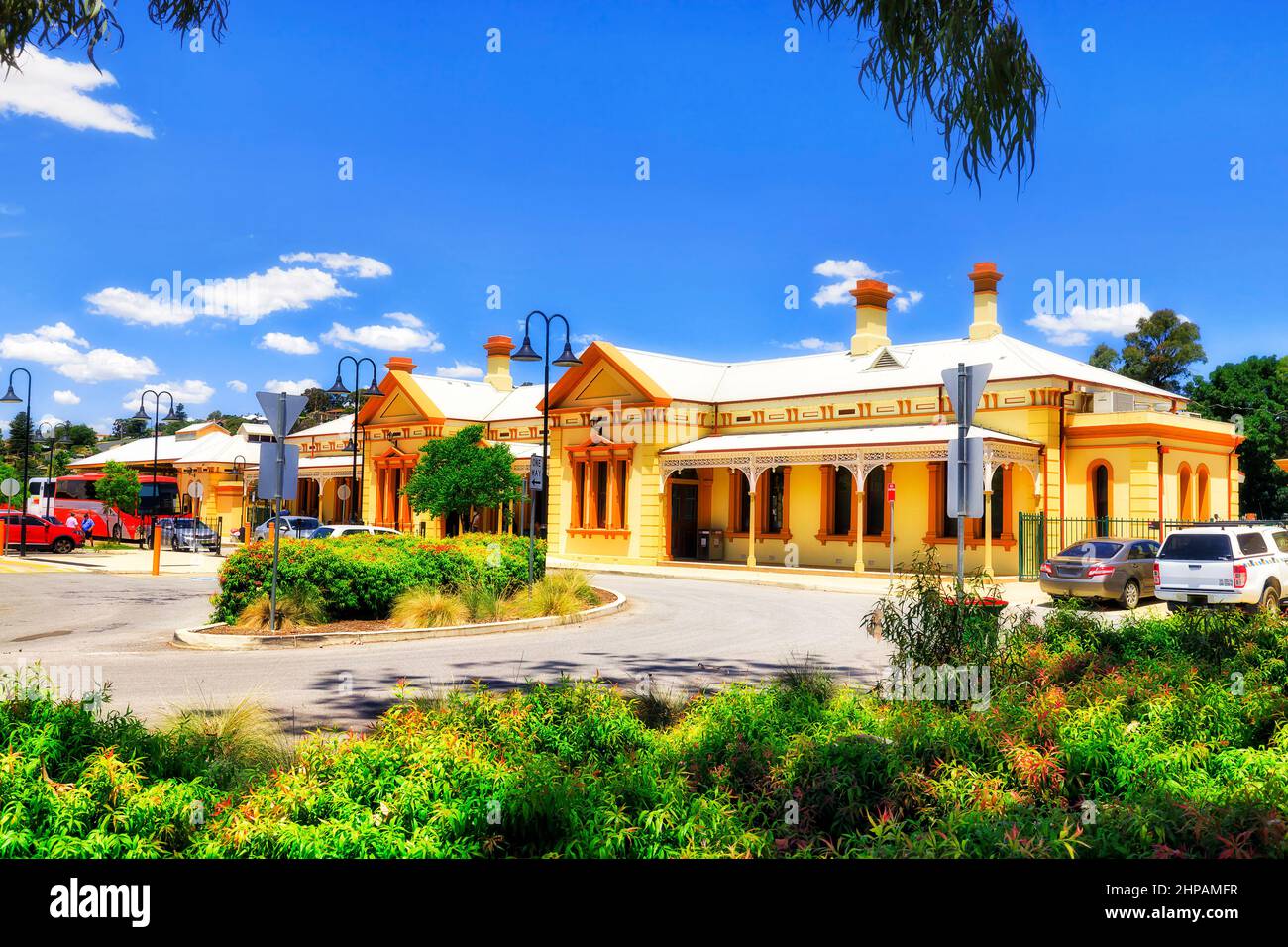 Entrance to Wagga Wagga city train station from taxi rank and town square - Australian regional settlement. Stock Photo