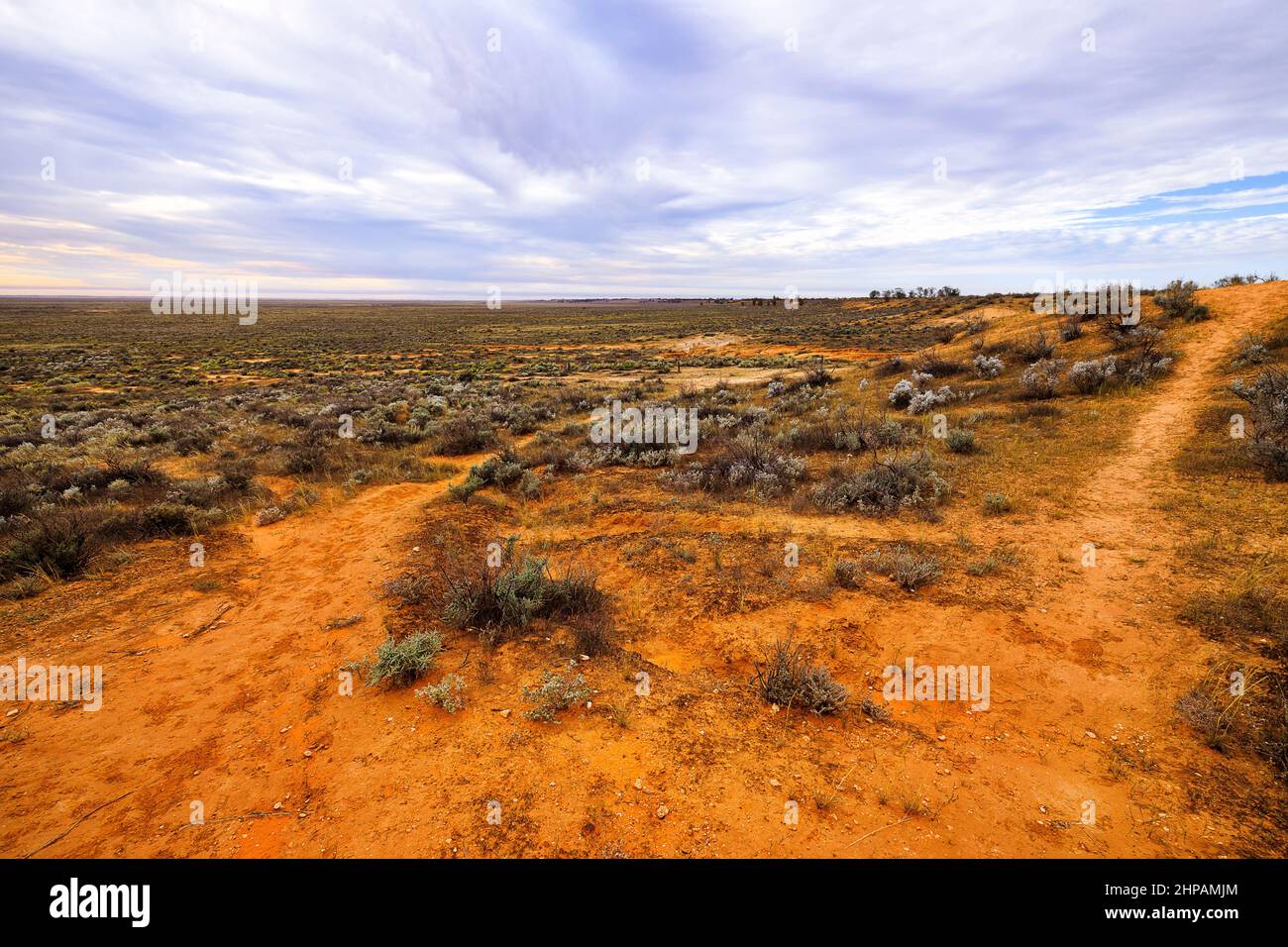 Lake Mungo west end flat plains around Mungo lookout Australian outback red soil Stock Photo