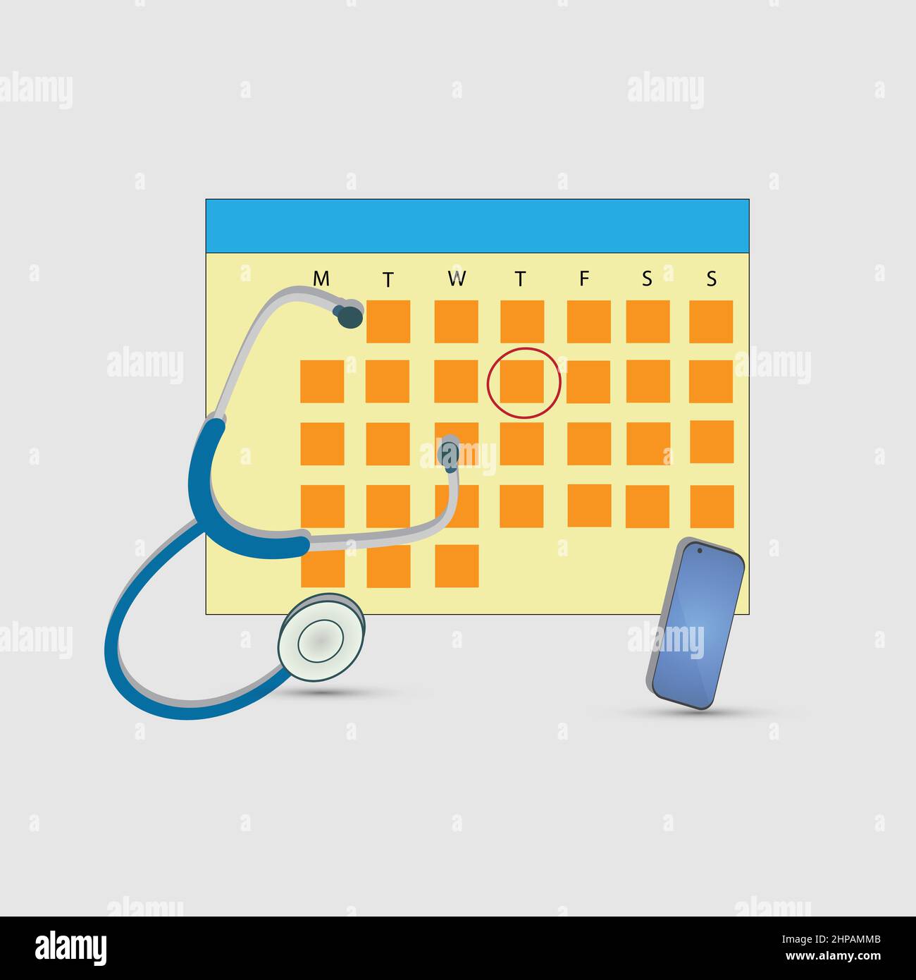 Day circled on a calendar with stethoscope and mobile phone. Doctor appointment concept Stock Vector