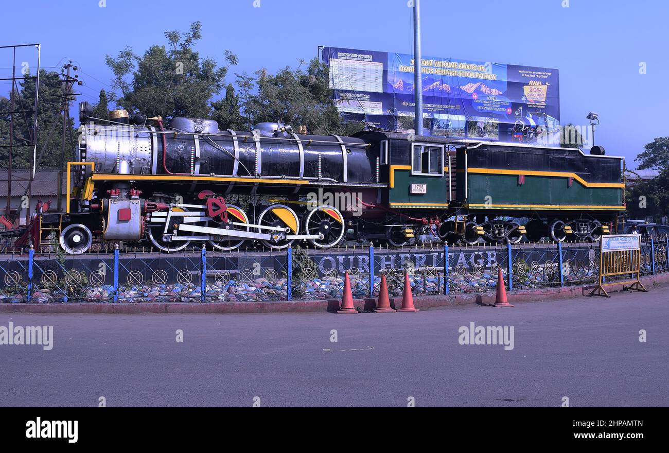 A model of Steam Engine kept outside New Jalpaiguri Railway station in West Bengal which is a major tourist attraction Stock Photo