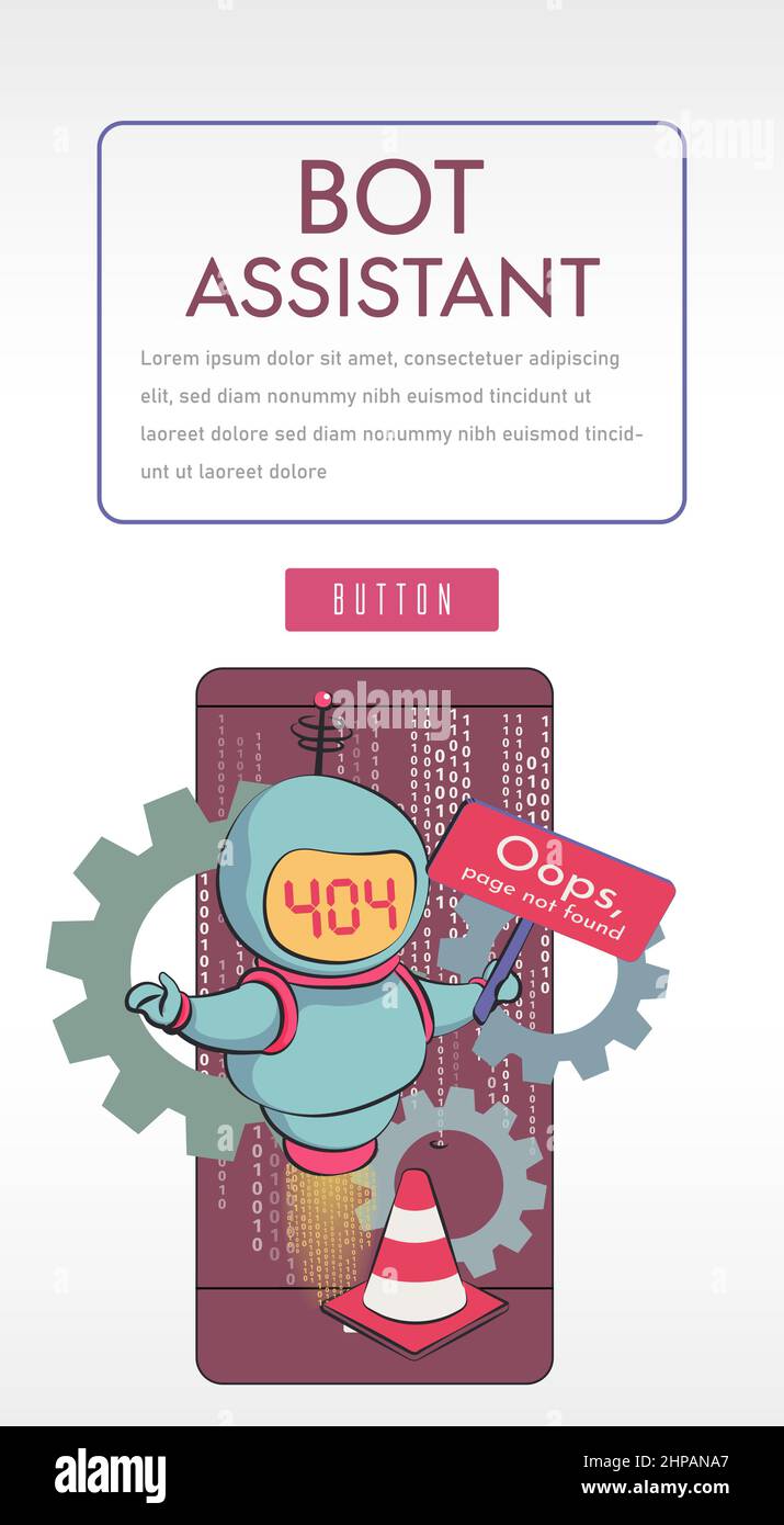 Oops, page 404, text not found. virtual assistant robot website or mobile apps. Stock Vector