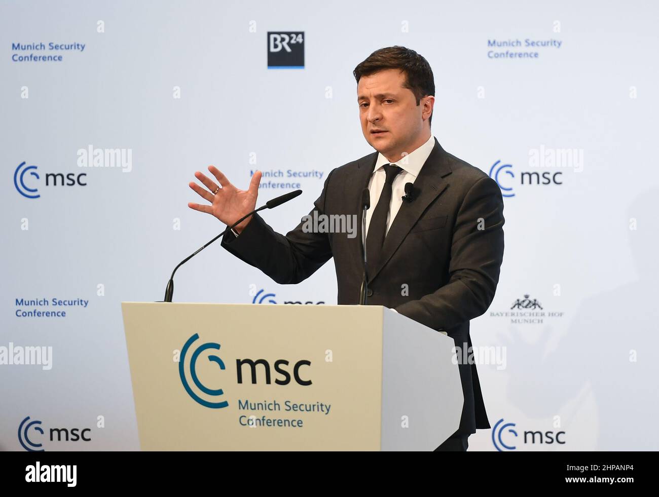 Munich, Germany. 19th Feb, 2022. Ukraine's President Volodymyr Zelensky makes a speech during the Munich Security Conference (MSC) held in Munich, Germany, Feb. 19, 2022. The 58th edition of the MSC opened here on Friday afternoon with a theme focusing on 'unlearning helplessness' against the backdrop of tensions in the Ukraine crisis. Credit: Lu Yang/Xinhua/Alamy Live News Stock Photo