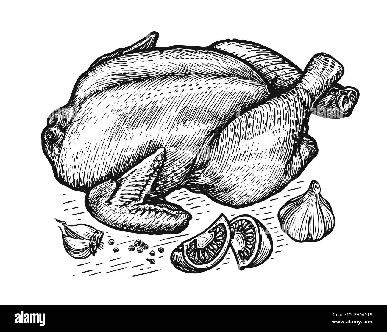 Whole chicken and ingredients. Cooking turkey meat with vegetables