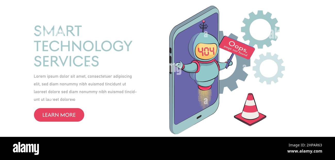Oops, page 404, text not found. virtual assistant robot website or mobile apps. Stock Vector