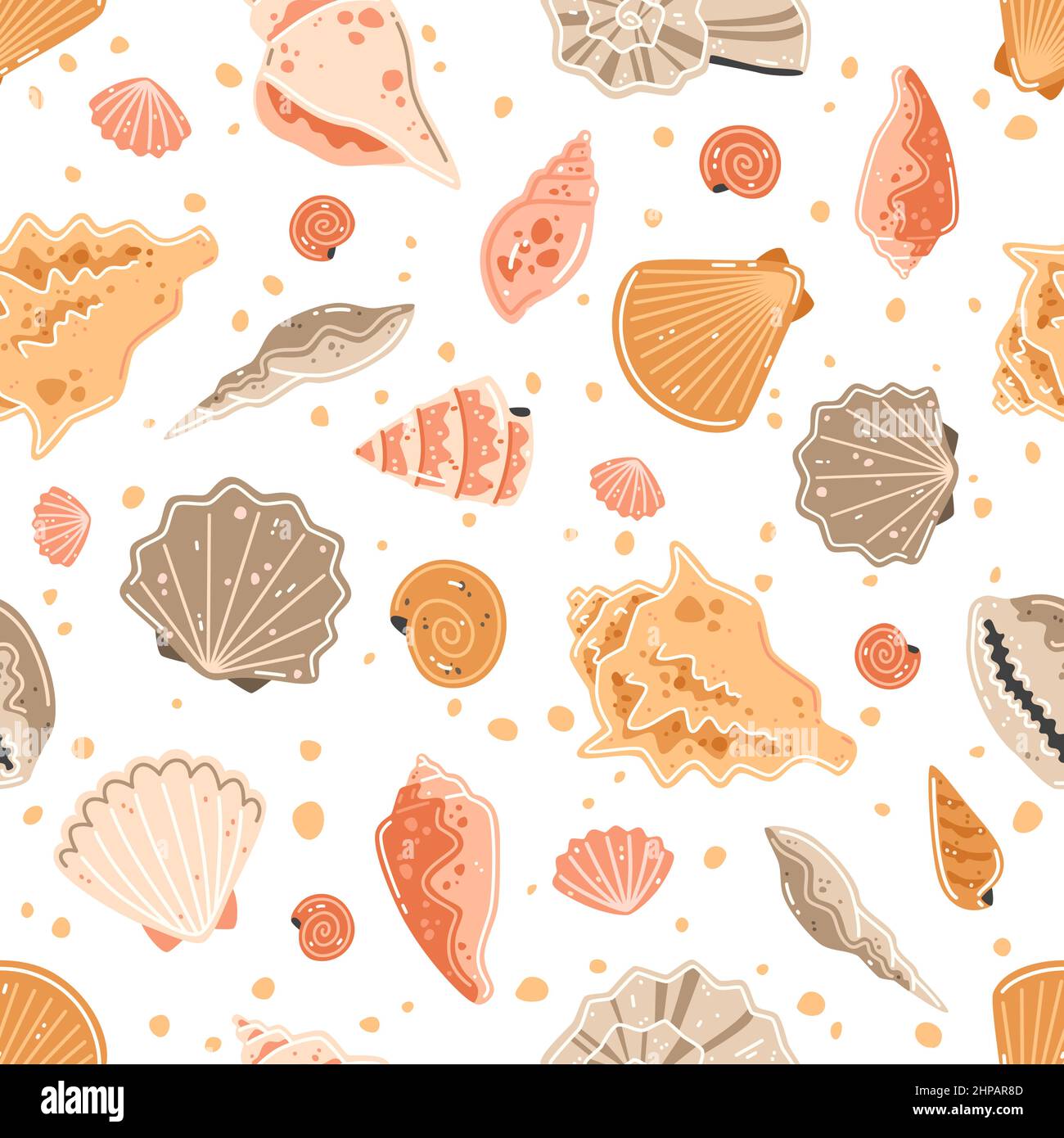 Seamless pattern with multicolored seashells. Vector flat illustration Stock Vector