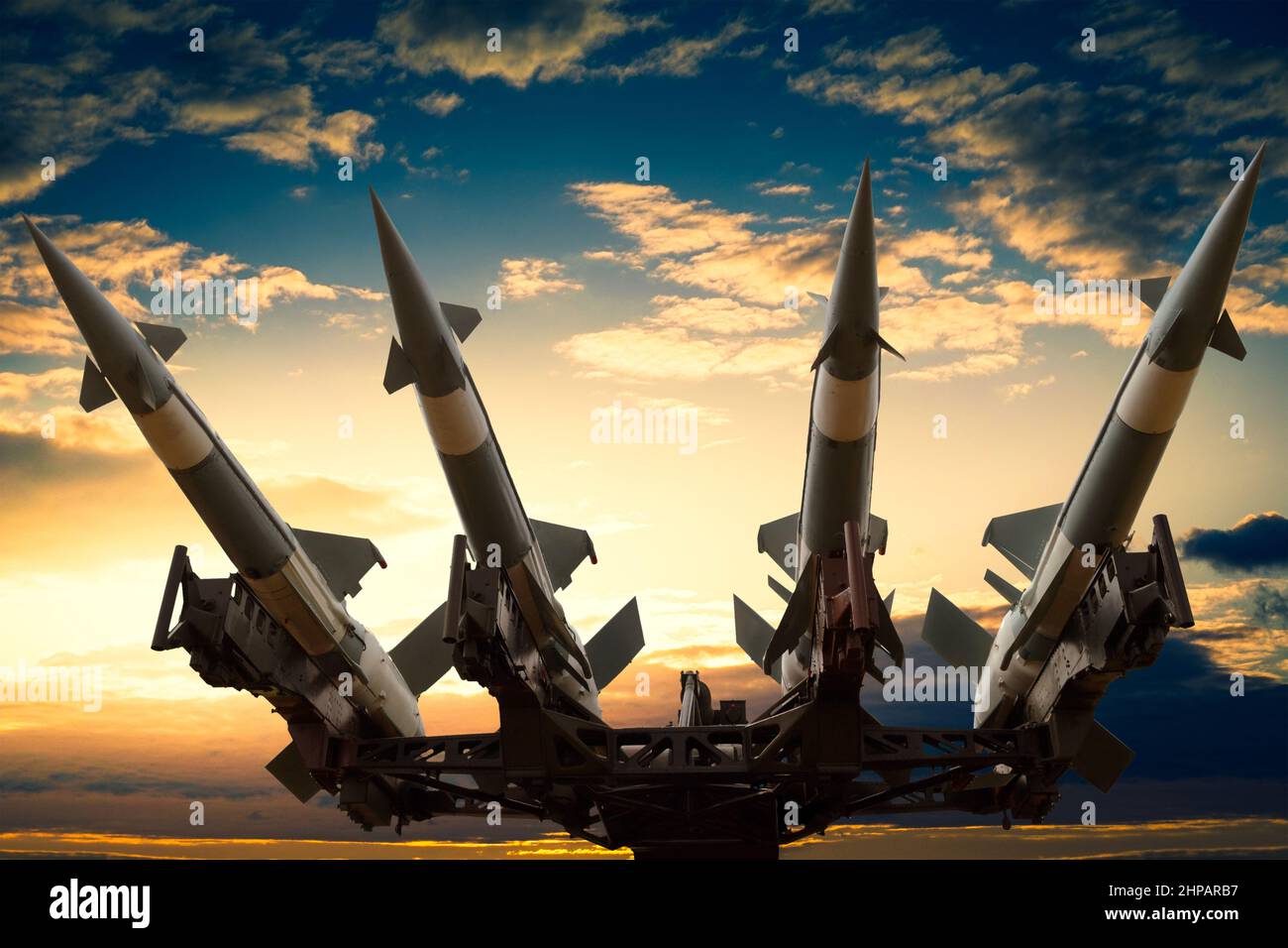 Radom, Mazowieckie, Poland - August 23th, 2015: Anti-aircraft cruise missles on a launcher, dramatic sky Stock Photo