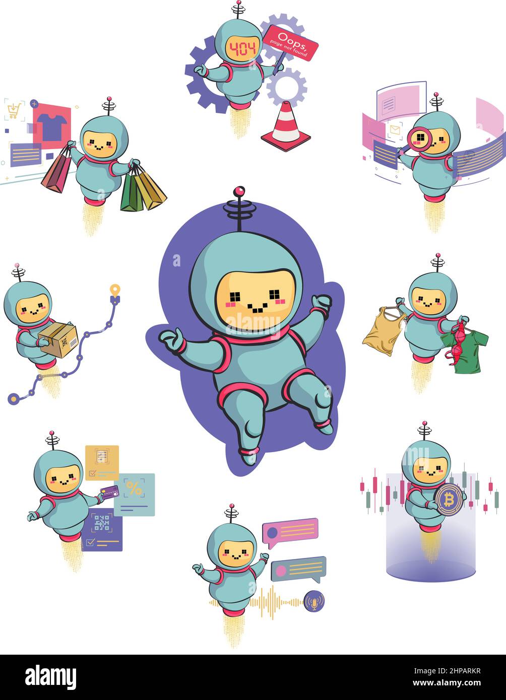 Metaphor chat bot icons set. Information engineering, artificial intelligence, chatbot applications. Customer service and NLP language processing. Vec Stock Vector