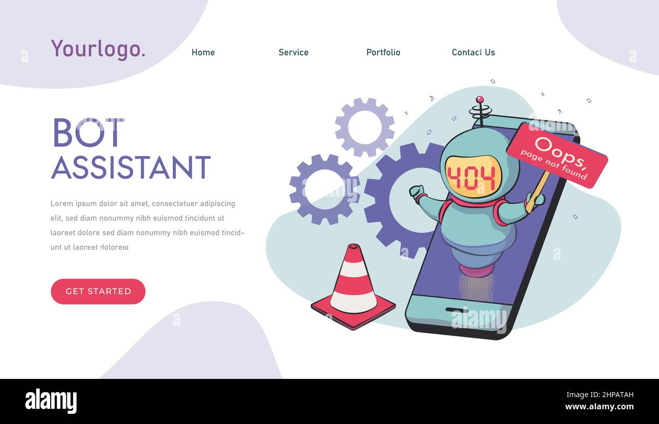 Oops, page 404, text not found. virtual assistant robot website or mobile apps. Stock Vector
