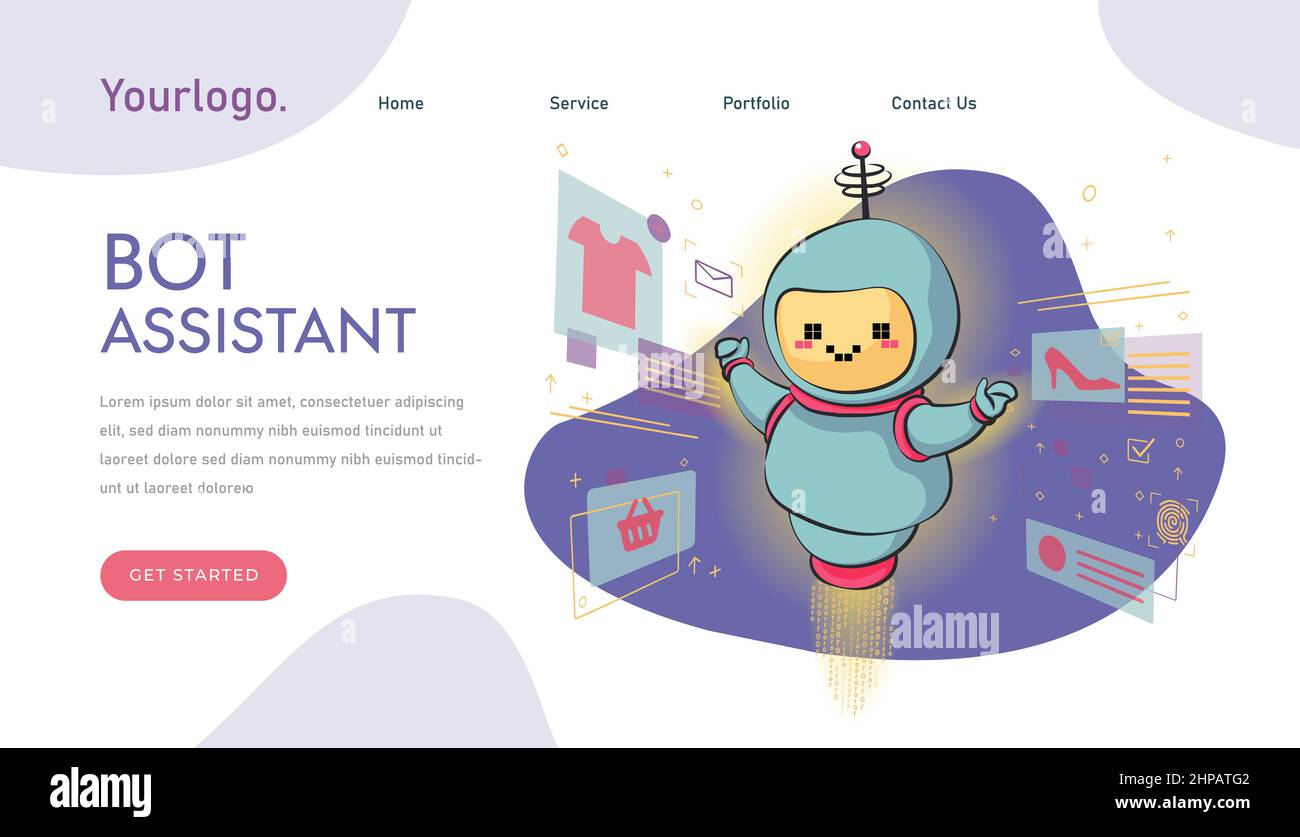virtual assistant robot website or mobile applications. Machine learning. Chatbot artificial intelligence, artificial intelligence rules metaphors. Stock Vector