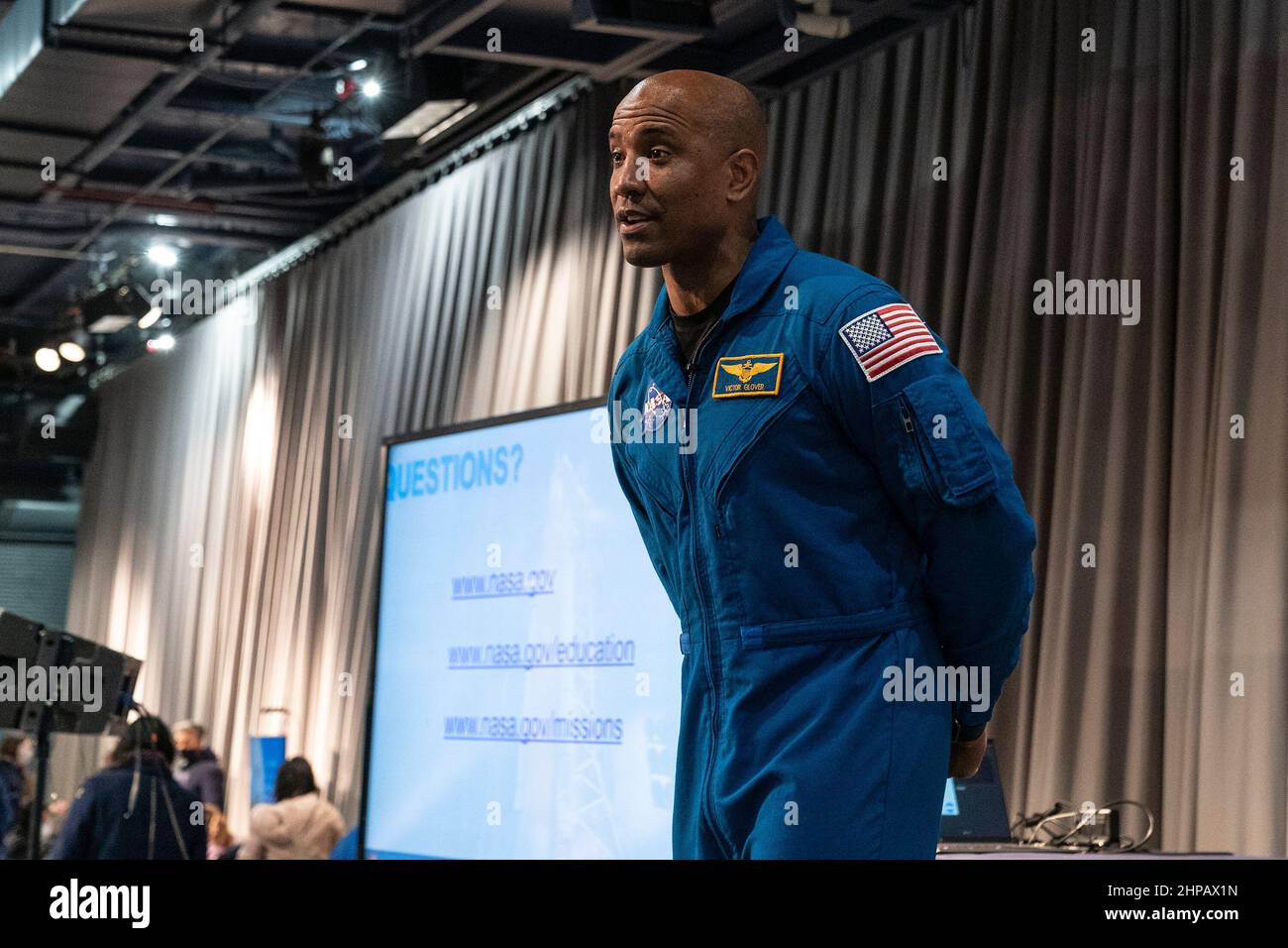 New York, New York, USA. 19th Feb, 2022. NASA astronaut Victor J. Glover,  Jr. speaks during Kids Week at Intrepid Sea, Air & Space Museum. Astronaut  Glover spoke about his upbringing, his