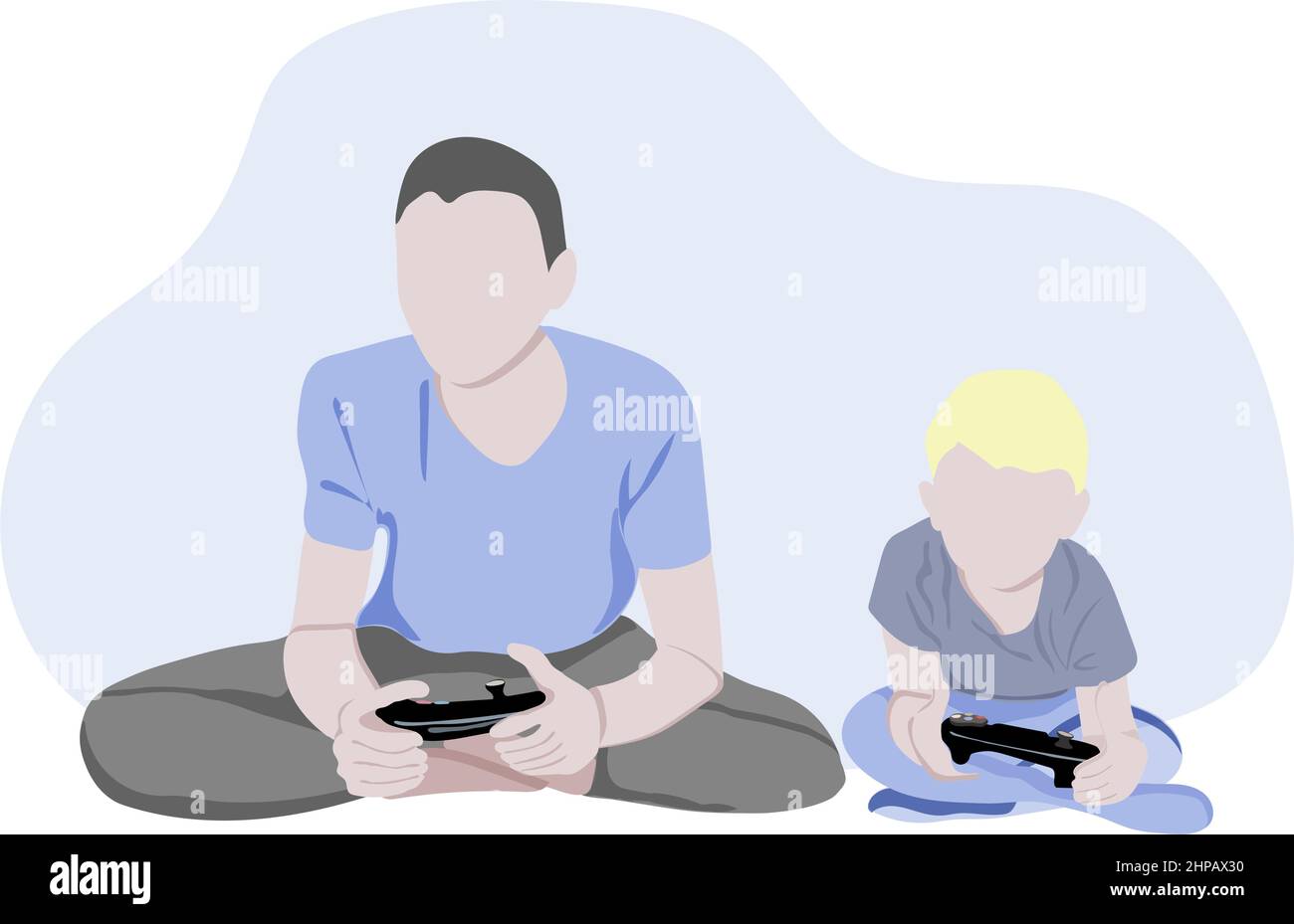 Family: father with son playing video games - cartoon characters illustrations isolated on white background. A young father and his child are sitting, Stock Vector