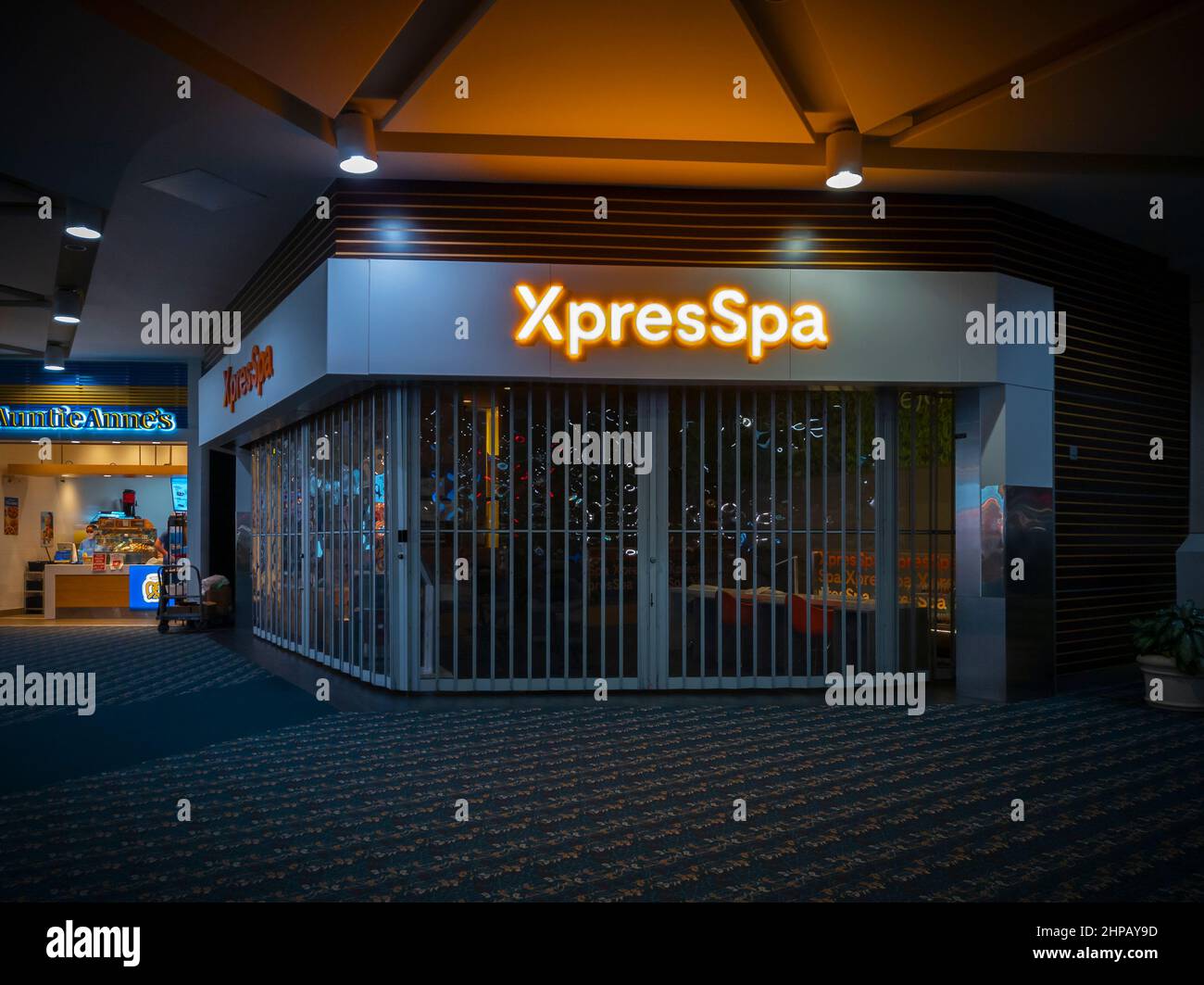Orlando, Florida - February 9, 2022: Full View of XpresSpa Massage Shop inside Orlando International Airport (MCO). XpresSpa is Specialized in Airport Stock Photo