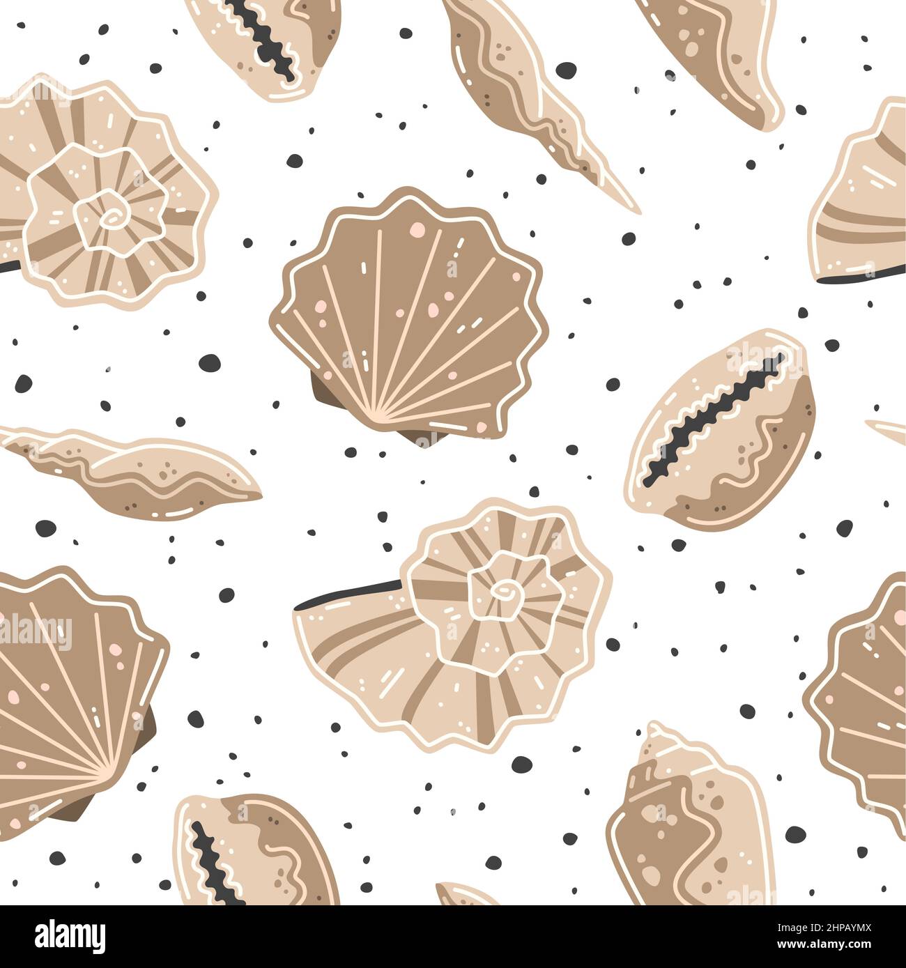 Seamless pattern with brown seashells. Vector flat illustration Stock Vector