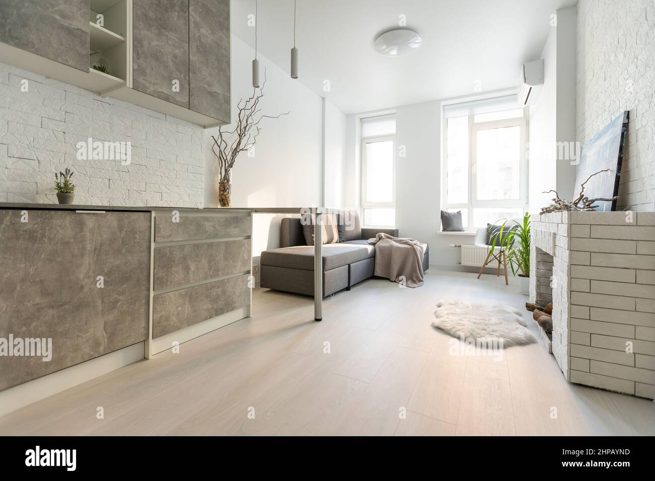 Stylish designed studio apartment with kitchen open to living room and ...