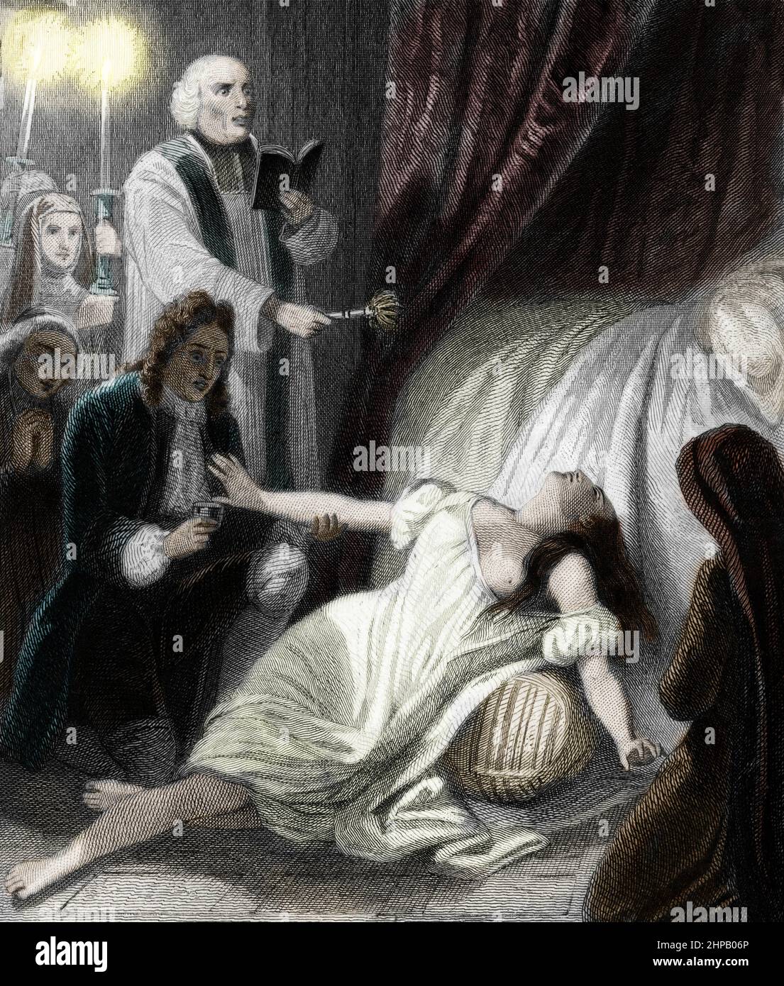 Affaire Cadiere : exorcisme en 1730 par le pere Girard de la jeune Marie Catherine Cadiere mystique francaise accusee de sorcellerie en 1731 - (exorcism of young Catherine Cadiere 1730) Gravure tiree de 'Histoire des jesuites' d'Adolphe Boucher 19eme siecle Collection privee Stock Photo