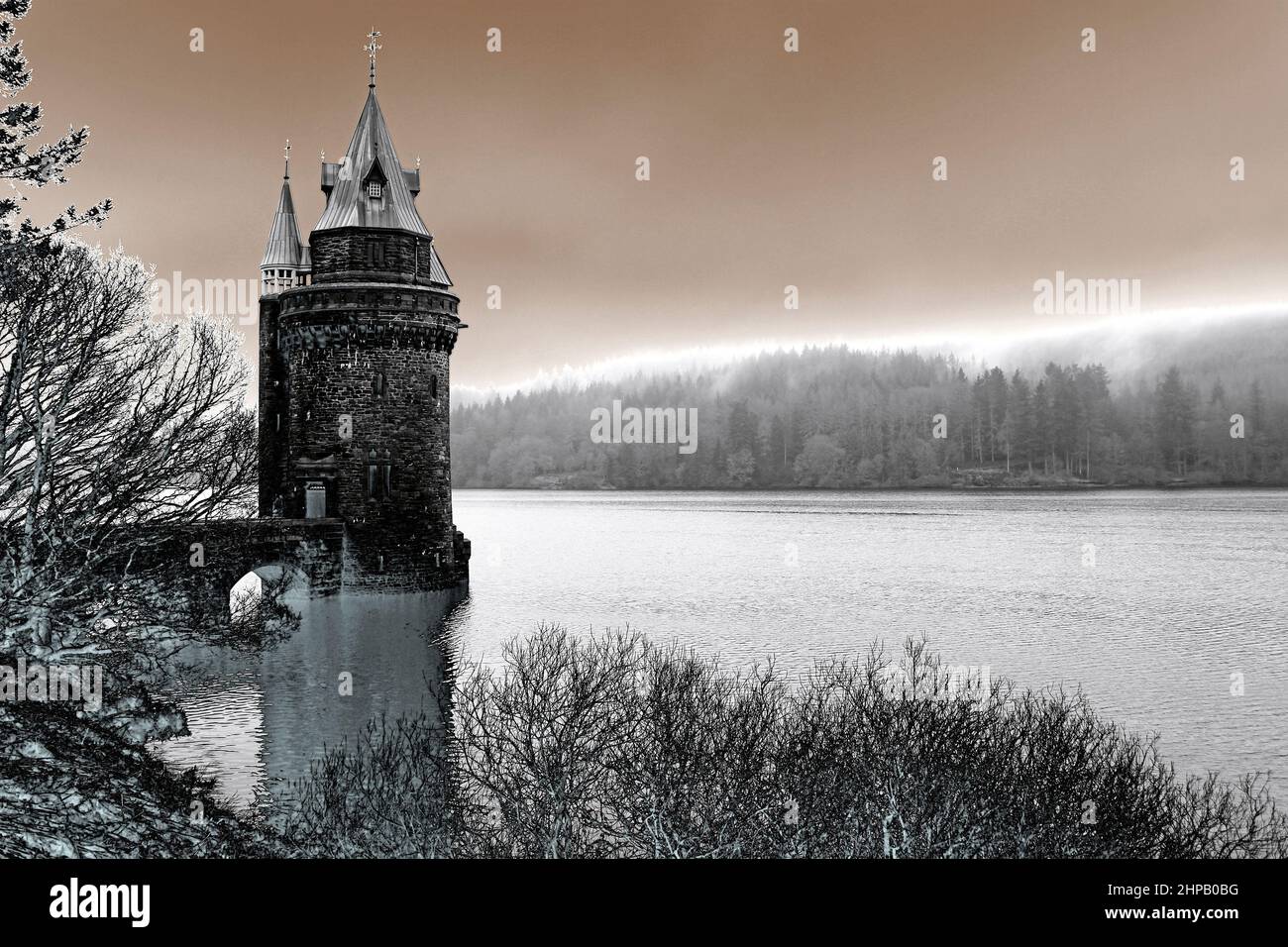 Gothic Revival Straining Tower, Lake Vyrnwy, Powys, Wales Stock Photo