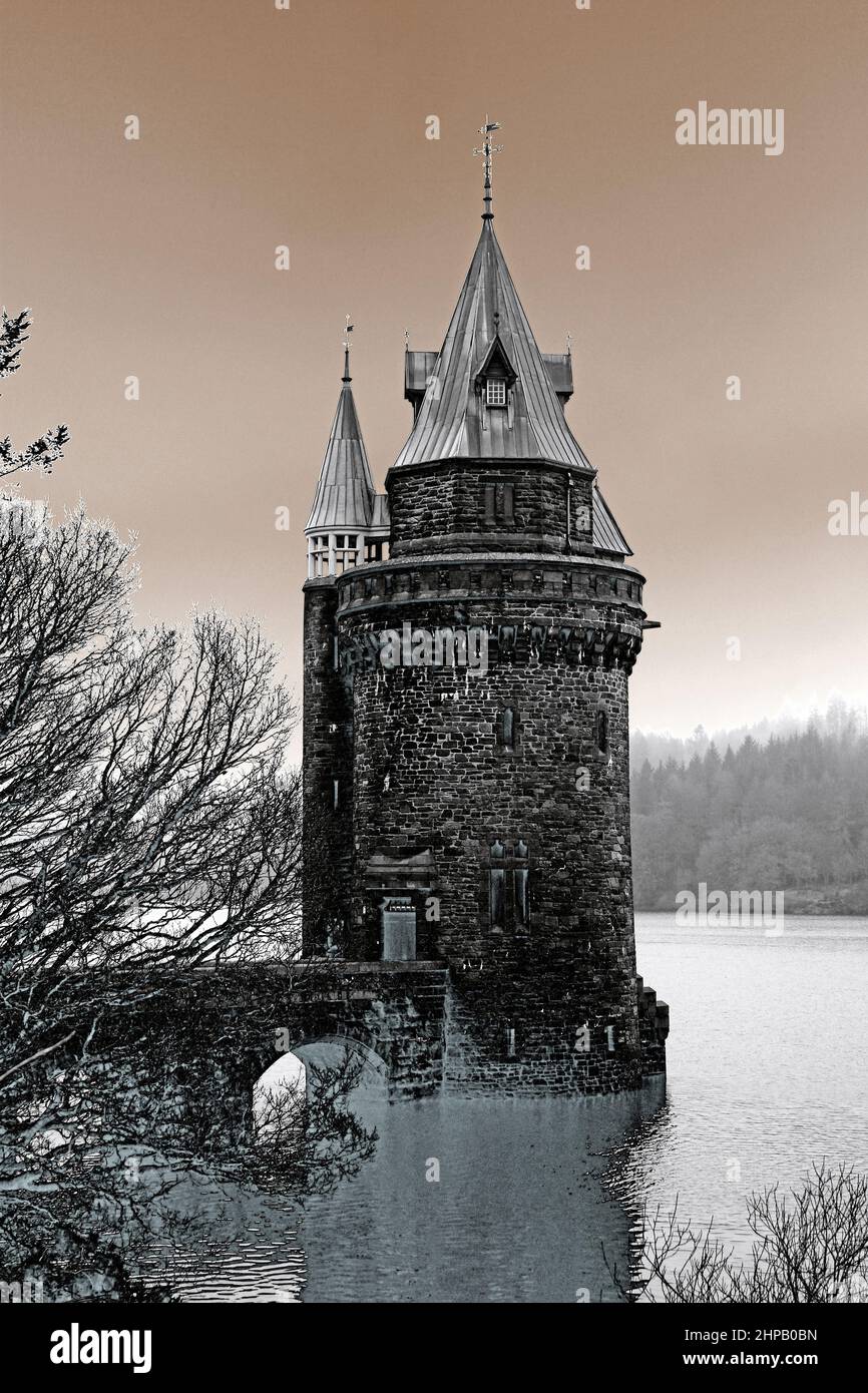 Gothic Revival Straining Tower, Lake Vyrnwy, Powys, Wales Stock Photo