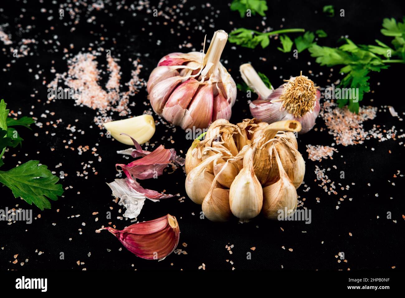 Whole garlic head on black background sprinkled with pink salt and parsley leaf. Stock Photo
