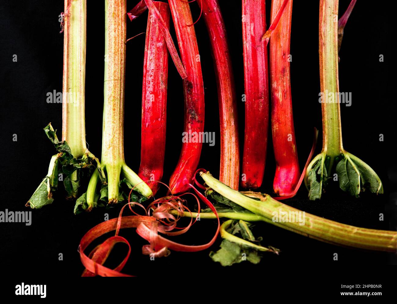 Height-built rhubarb stalks, arranged on black background, closeup. Stock Photo