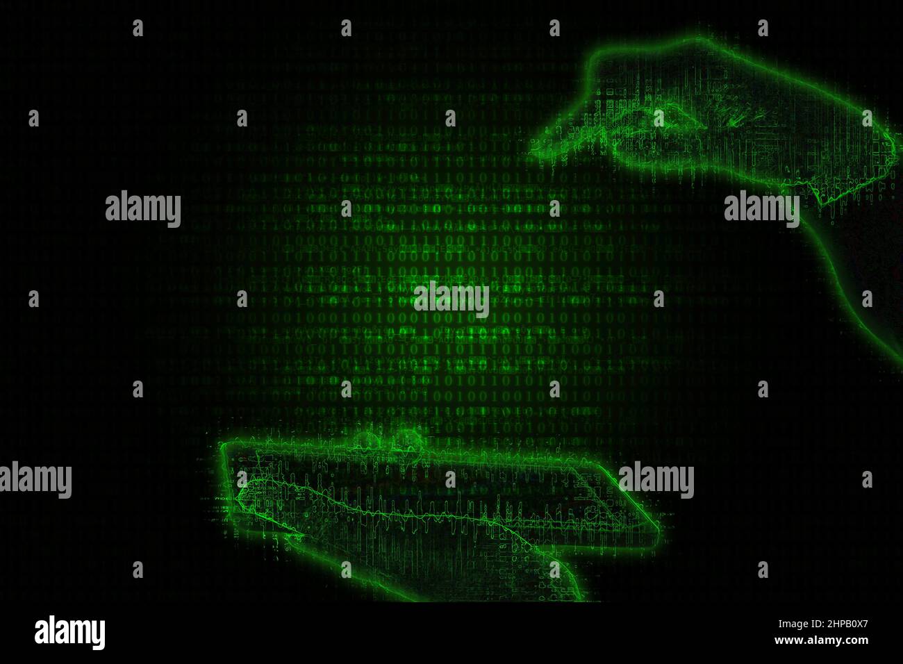 Blurred hand holding phone and hand pointing to space in futuristic green neon background with matrix binary code. Darkweb, darknet, hacking concept. Stock Photo